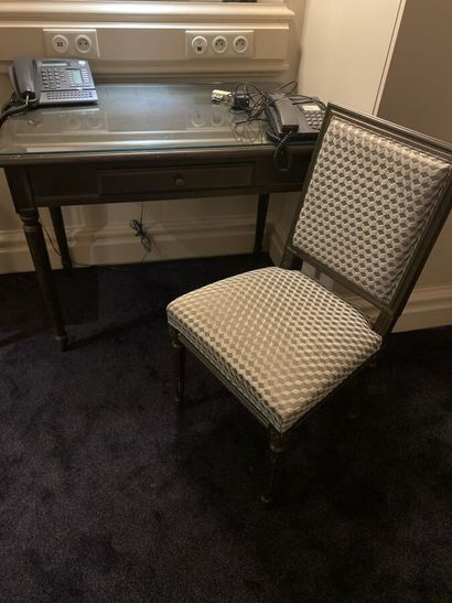 Small desk in natural wood opening on a drawer,...