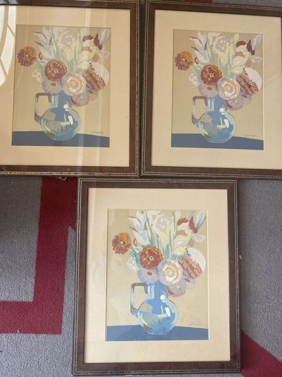 Three lithographs representing vases of flowers...