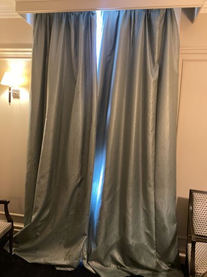 Pair of curtains in turquoise silk fabric...