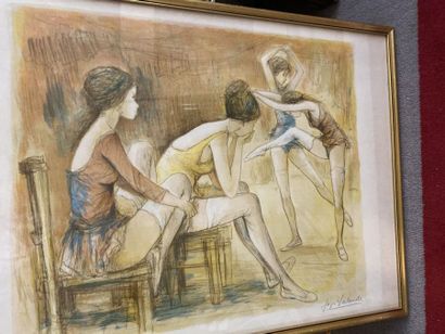 Lot of 14 large framed pieces including lithographs...