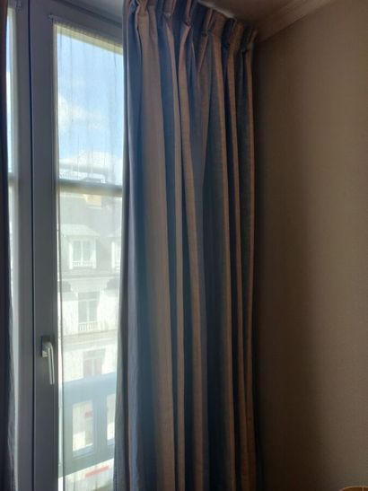 Three pairs of blue and yellow striped curtains...