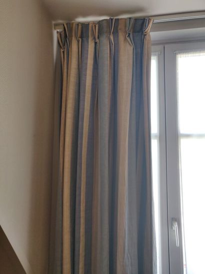 Three pairs of blue and yellow striped curtains...