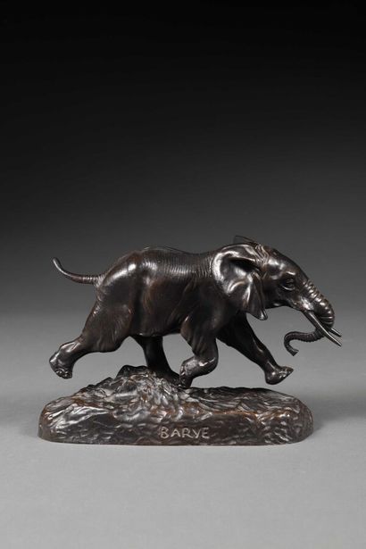 Running elephant after Barye in bronze with...