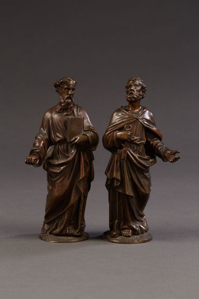 Two holy figures in bronze with brown patina...