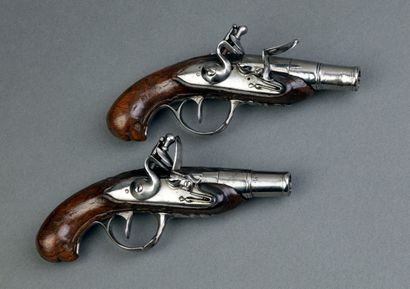 Pair of small flintlock travel pistols. 
Round...