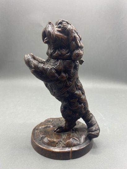 Carved wooden dog, head forming a lid.
Work...