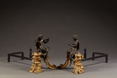 Pair of gilt bronze andirons representing...
