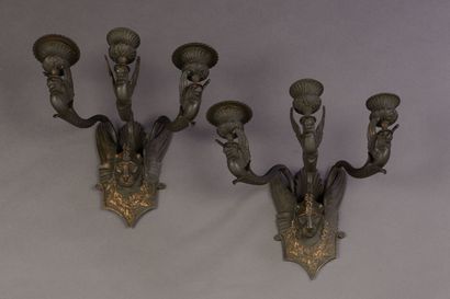 Pair of bronze sconces with three arms of...