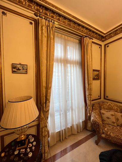 Three pairs of curtains with beige damask...