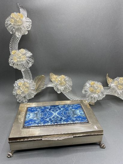 Silver plated metal box, claw feet, top imitating...