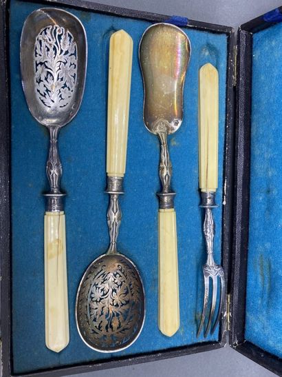 Silver mignardises set with ivory handle...