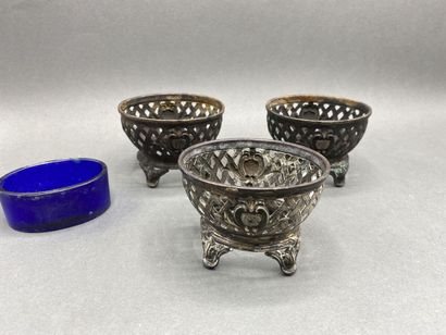 3 silver saltcellars with trellis decoration...