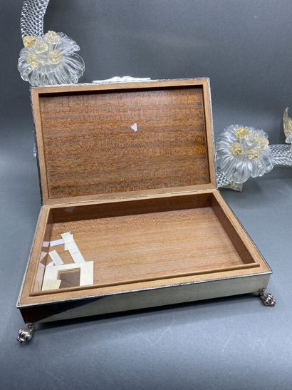 Silver plated metal box, claw feet, top imitating...