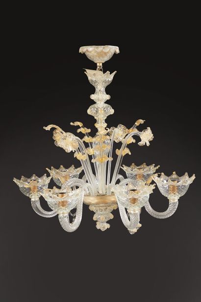 Lustre à six lumières en verre de Venise...