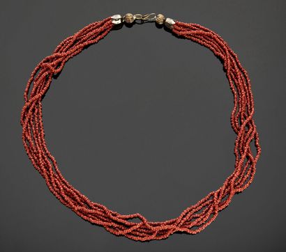 Necklace six rows of small red coral seed...