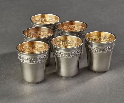 Liquor service including 6 small silver goblets...