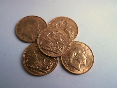 5 Souverains en or. Poids: 39,9 g