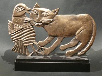 CORNEILLE
Le chat et l'oiseau Bronze signé...
