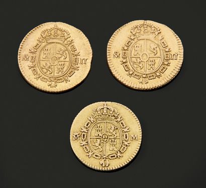 Lot de 3 pièces d'or :
- ESPAGNE - Une pièce...