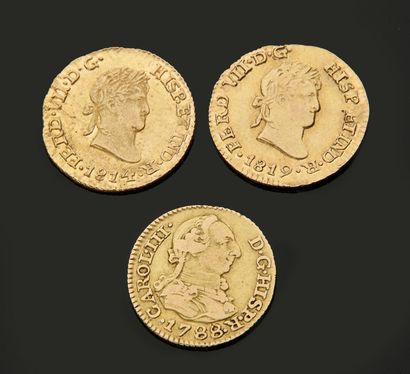 Lot de 3 pièces d'or :
- ESPAGNE - Une pièce...