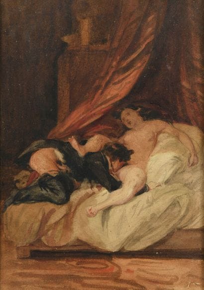 19th century Romantic school
Couple in bed
Watercolor...