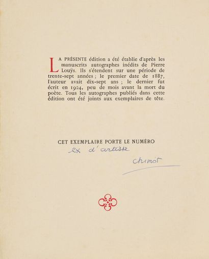 LOUYS (Pierre). o Unpublished poems. 1887-1924....
