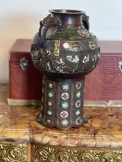 Bronze flared-neck vase decorated in cloisonné...