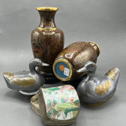 Pair of cloisonné enamel vases decorated...