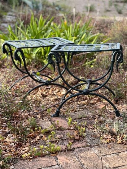 Pair of stools in lacquered metal with swan...