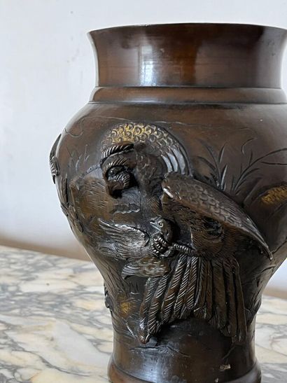 Bronze baluster vase with a rooster in relief...