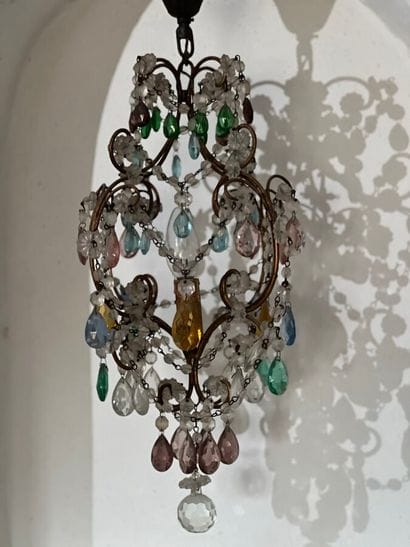 Pair of small chandeliers with colored pendants.
Height:...