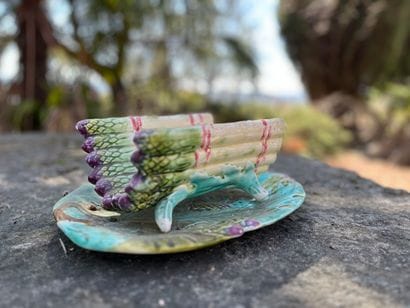 Earthenware asparagus dish with trompe l'oeil...