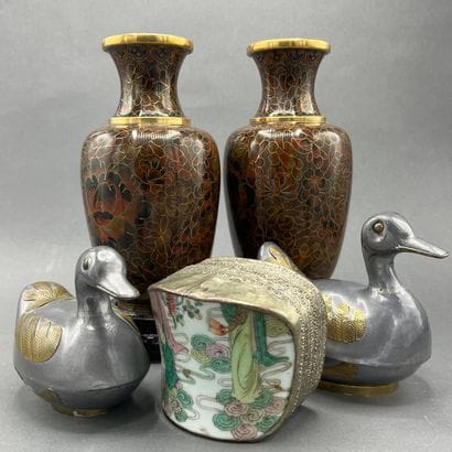 Pair of cloisonné enamel vases decorated...