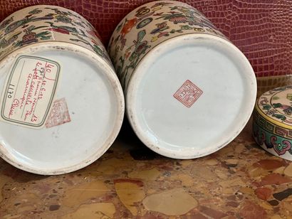 Pair of porcelain covered pots with polychrome...