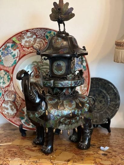 Group in patinated bronze and cloisonné enamels...