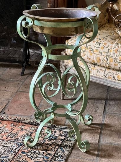 Green lacquered metal basin or washstand...