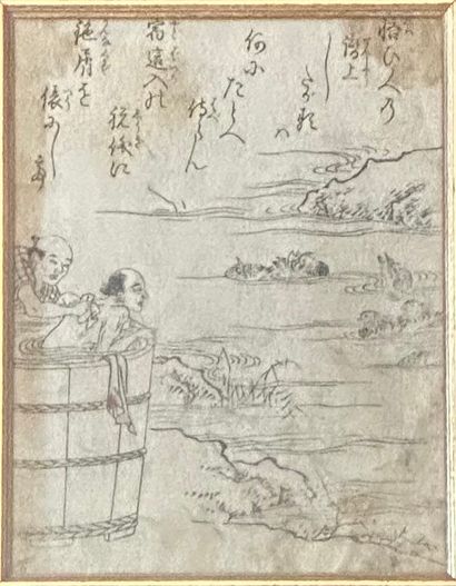 Two Japanese prints in a frame. One depicting...