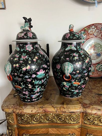 A pair of covered potiches with polychrome...