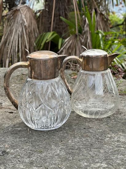 Two crystal orangeade jars with silver-plated...