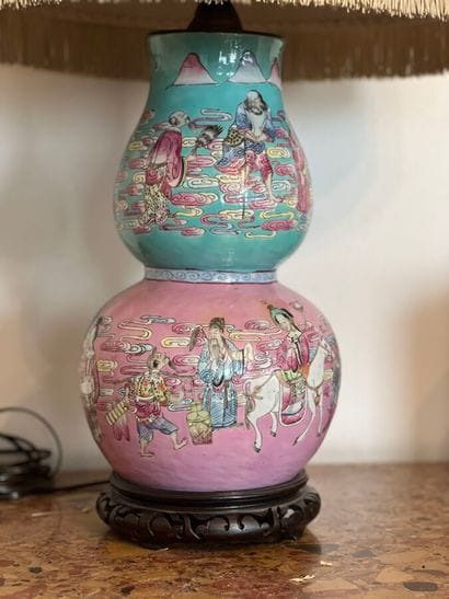 Double gourd vase mounted as a lamp with...