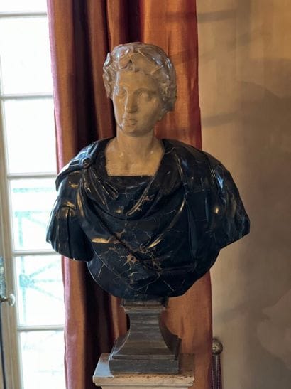 Sculpted pedestal bust in white and gray...
