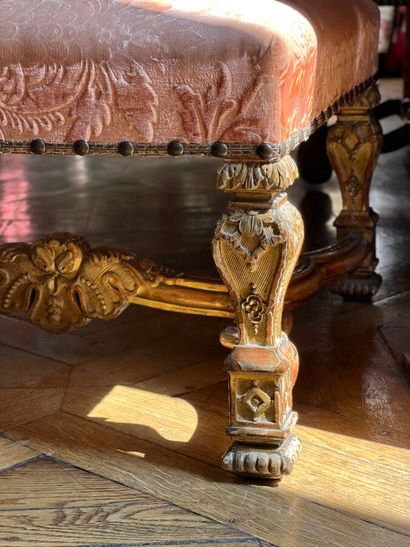 Large square stool in carved and gilded wood,...
