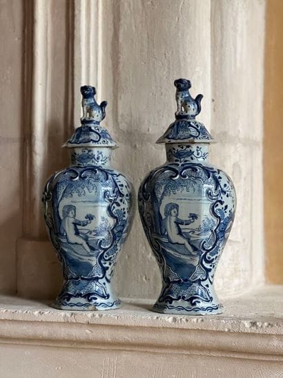 Pair of Delft earthenware covered vases with...