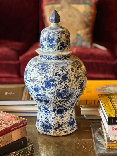 Covered Delft earthenware jar with blue and...