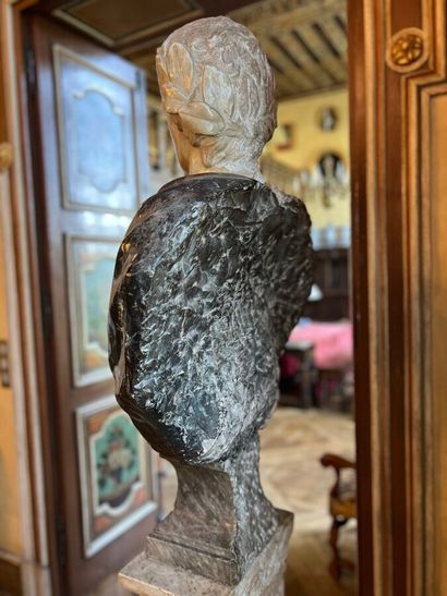 Bust on pedestal carved in white and gray...