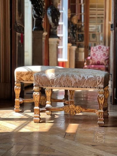 Pair of large Louis XIV-style stools in carved...