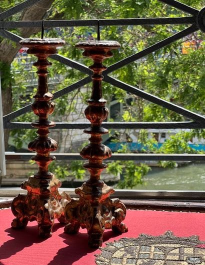 Two carved and gilded wood tripod pedestals...