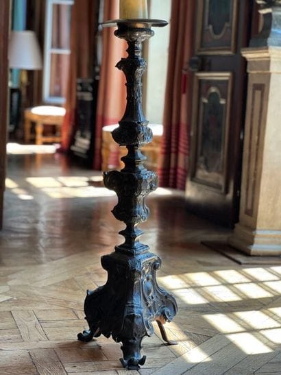 Large repoussé copper candlestick mounted...