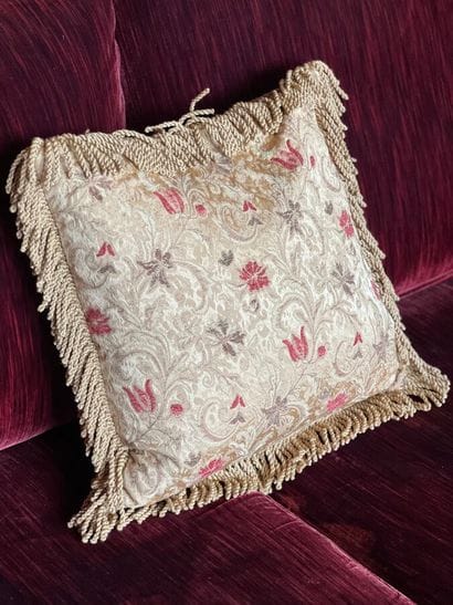 Cushion, decorated with fringed braid, monogrammed...