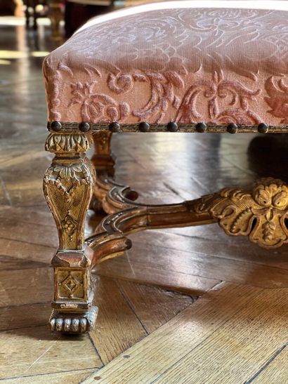Large square stool in carved and gilded wood,...